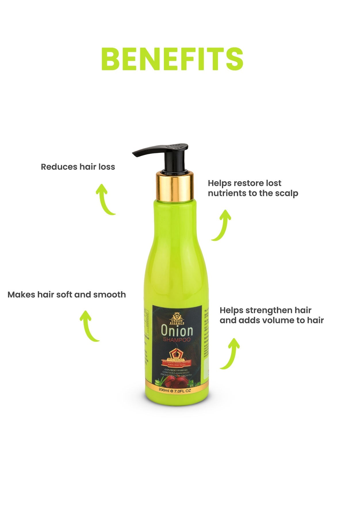 Urban Essence Onion Shampoo For Healthy Hair Growth And Hair Fall Control With Aloevera, Neem Leaf And 10 Other Natural Extracts, 200 Ml