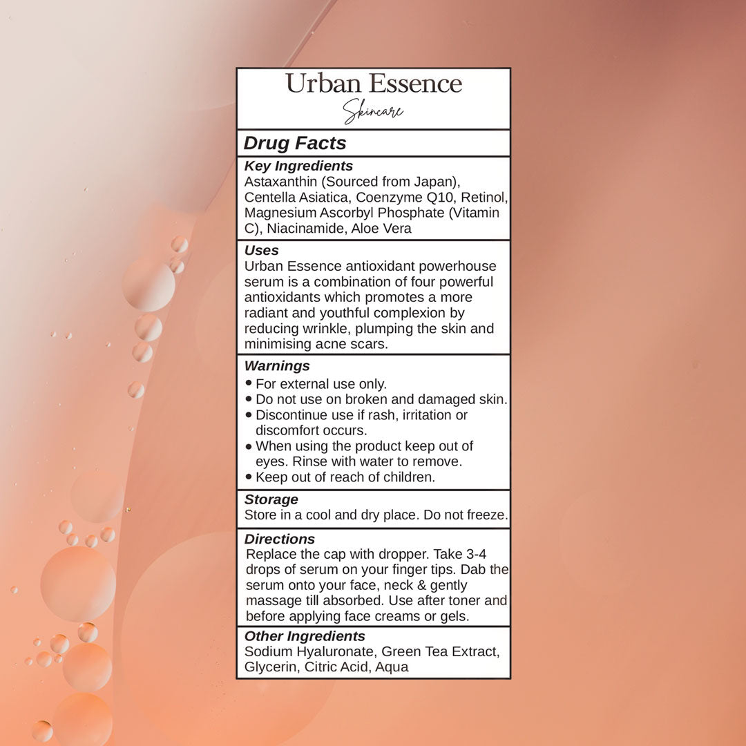 Urban Essence Antioxidant Powerhouse Serum | 1% Astaxanthin | 4% Centella Asiatica | 1% Coenzyme Q10 | 1% Retinol | 3% Niacinamide - 20ml